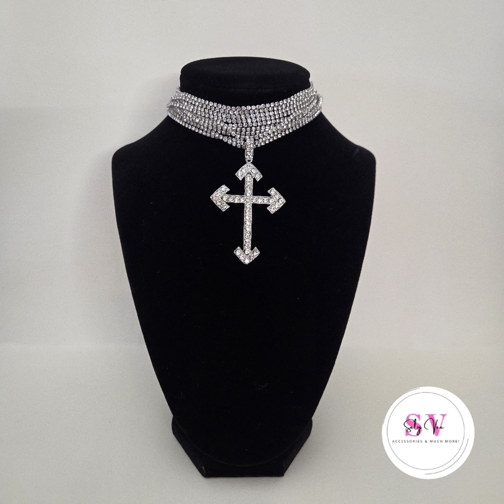 Silver Rhinestone choker with cross pendant